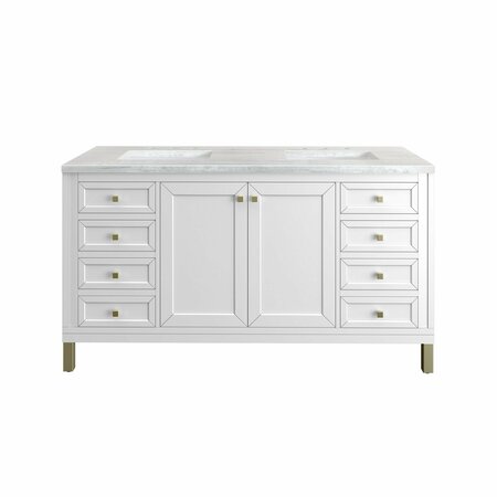 JAMES MARTIN VANITIES Chicago 60in Double Vanity, Glossy White w/ 3 CM Arctic Fall Top 305-V60D-GW-3AF